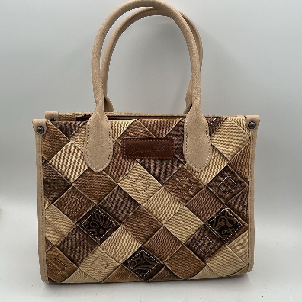 Wrangler Woven Patchwork Denim Tote Handbag Brown Tan Western Purse Satchel Bag